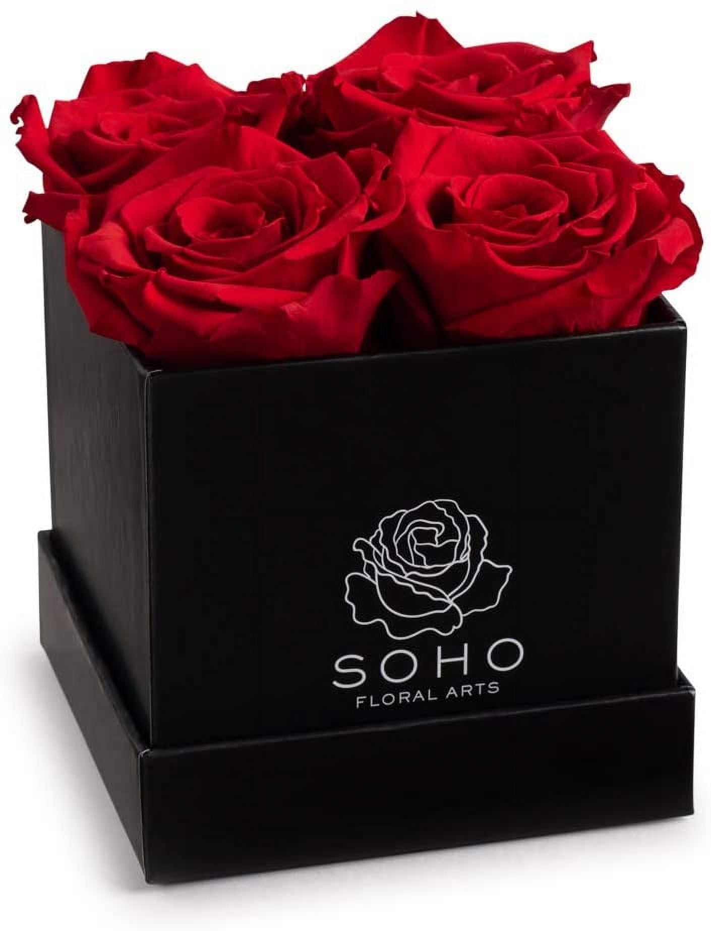 Soho Floral Arts Roses in A Box Fresh Flowers Last A Year Or More (Black Square 4ct, Red