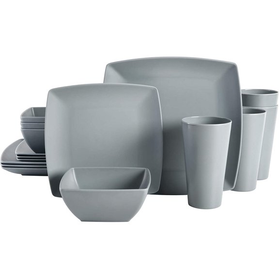 Soho Grayson Square Melamine Plastic Dinnerware Set, Service for Four (16pcs), Grey