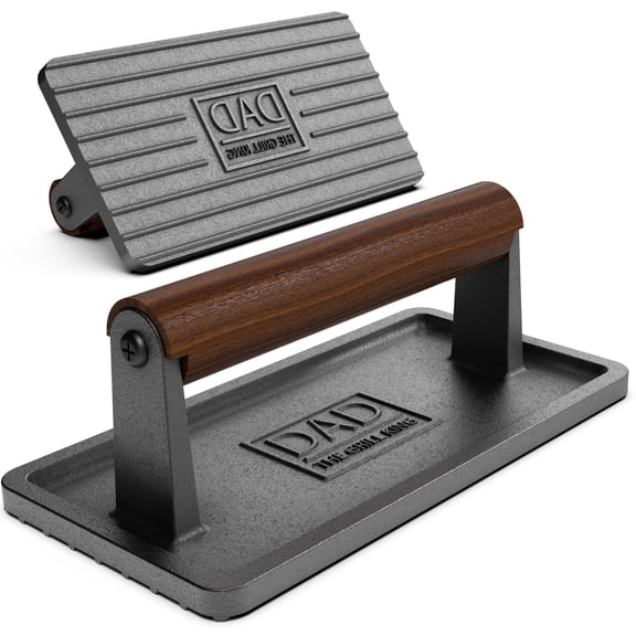 Soho Grilling Gift for Dad, BBQ Cast Iron Grill Press for Smash Burger, Hamburger, Meat, Bacon (2.6 lbs) Cooking Weight with Wood Handle for Christmas/Birthday Dad The Grill King (Gift Boxed)