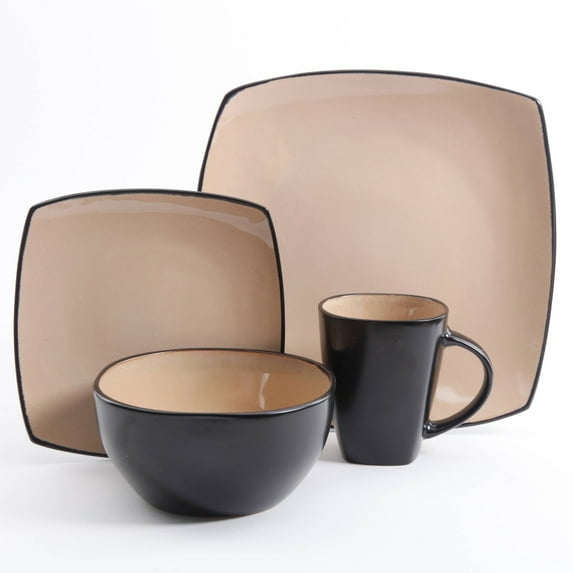 Soho Lounge 16-Piece Taupe Square Dinnerware Set – Stylish Stoneware Dish Set with Reactive Glaze Finish, Service for 4