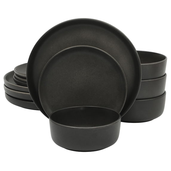 Gibson Elite Pasco 12 Piece (Service for 4) Plates and Bowls Reactive Glaze Dishes Stoneware Ceramic Dinnerware Set - Black