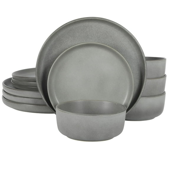 Gibson Elite Pasco 12 Piece (Service for 4) Plates and Bowls Reactive Glaze Dishes Stoneware Ceramic Dinnerware Set - Grey