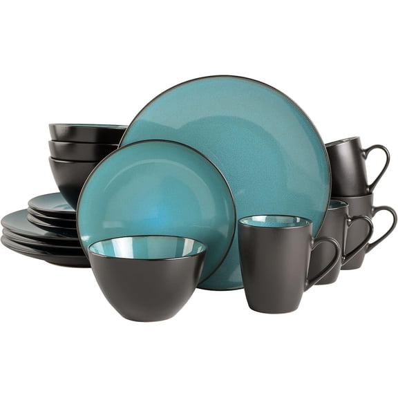 16-Piece Round Reactive Glaze Stoneware Dinnerware Set, Service for 4  Teal Plates and Bowls