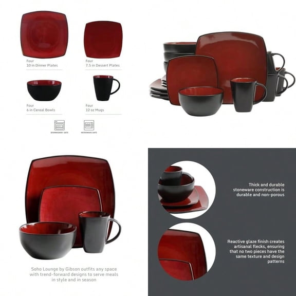 Soho Lounge Square 16-Piece Dinnerware Set Service for 4 Reactive Glaze Stoneware Plates and Bowls Modern Dishes Microwave Dishwasher Safe Red and Black