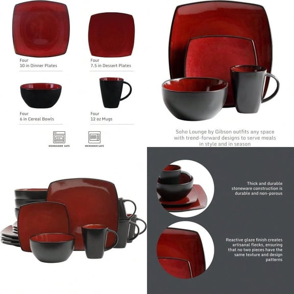 Soho Lounge Square 16-Piece Dinnerware Set Service for 4 Reactive Glaze Stoneware Plates and Bowls Modern Dishes Microwave Dishwasher Safe Red and Black