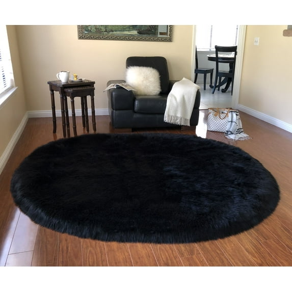 Soho Luxurious Faux Sheepskin Oval Shape Black Shag Area Rug