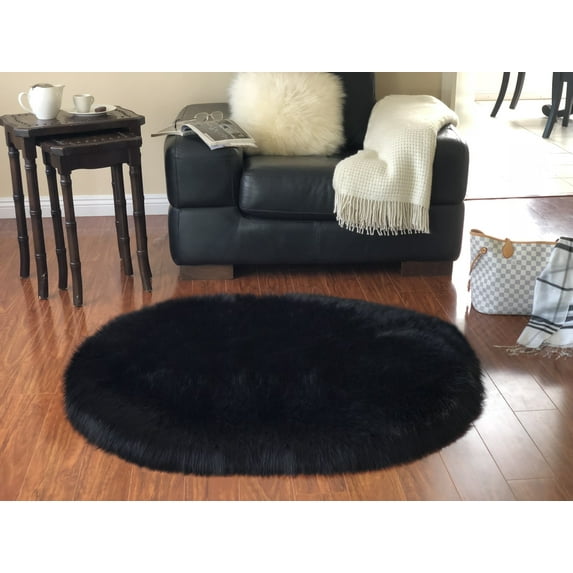 Soho Luxurious Faux Sheepskin Oval Shape Black Shag Area Rug