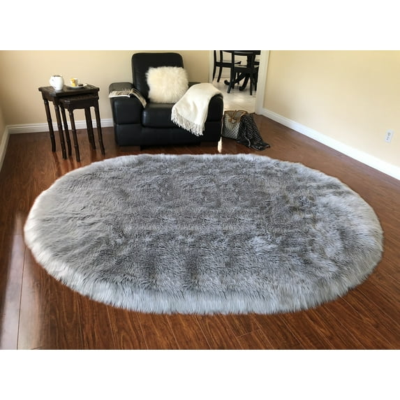 Soho Luxurious Faux Sheepskin Oval Shape Grey Shag Area Rug