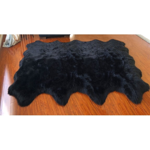 Soho Luxurious Faux Sheepskin Pelt Black Shag Area Rug or Runner