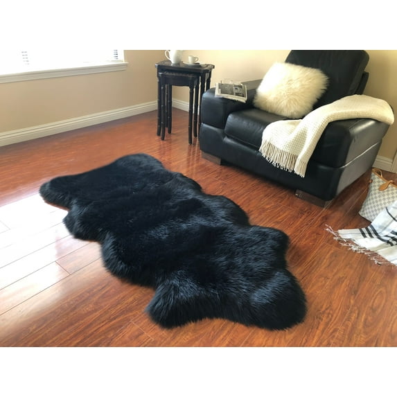 Soho Luxurious Faux Sheepskin Pelt Black Shag Area Rug or Runner
