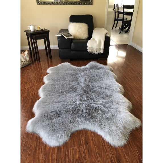 Soho Luxurious Faux Sheepskin Pelt Grey Shag Area Rug or Runner