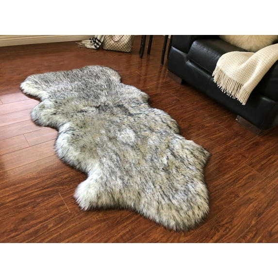 Soho Luxurious Faux Sheepskin Pelt White with Black Tips Shag Area Rug or Runner