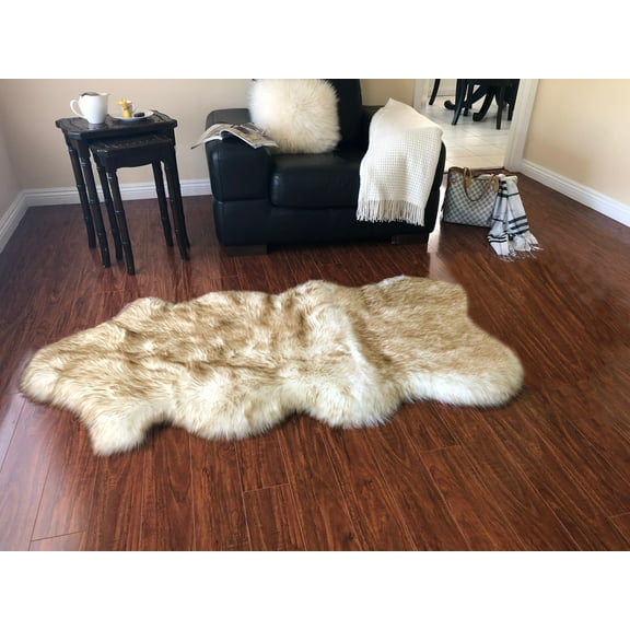 Soho Luxurious Faux Sheepskin Pelt White with Brown Tips Shag Area Rug or Runner