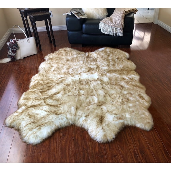 Soho Luxurious Faux Sheepskin Pelt White with Brown Tips Shag Area Rug or Runner