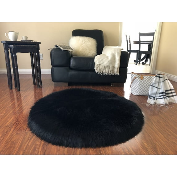 Soho Luxurious Faux Sheepskin Round Shape Black Shag Area Rug