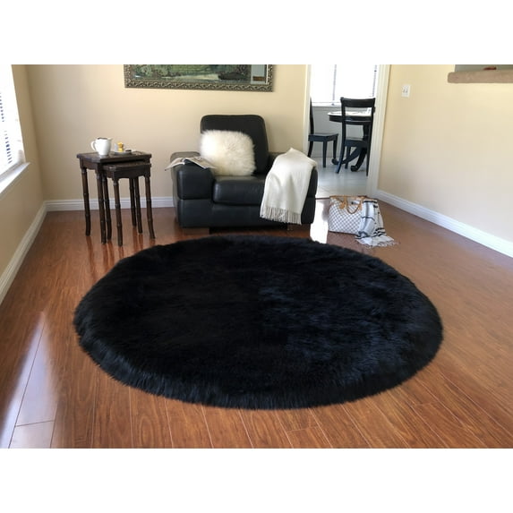 Soho Luxurious Faux Sheepskin Round Shape Black Shag Area Rug