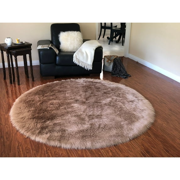 Soho Luxurious Faux Sheepskin Round Shape Camel Shag Area Rug