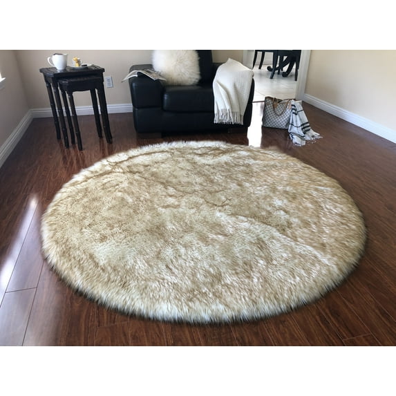 Soho Luxurious Faux Sheepskin Round Shape White with Brown Tips Shag Area Rug