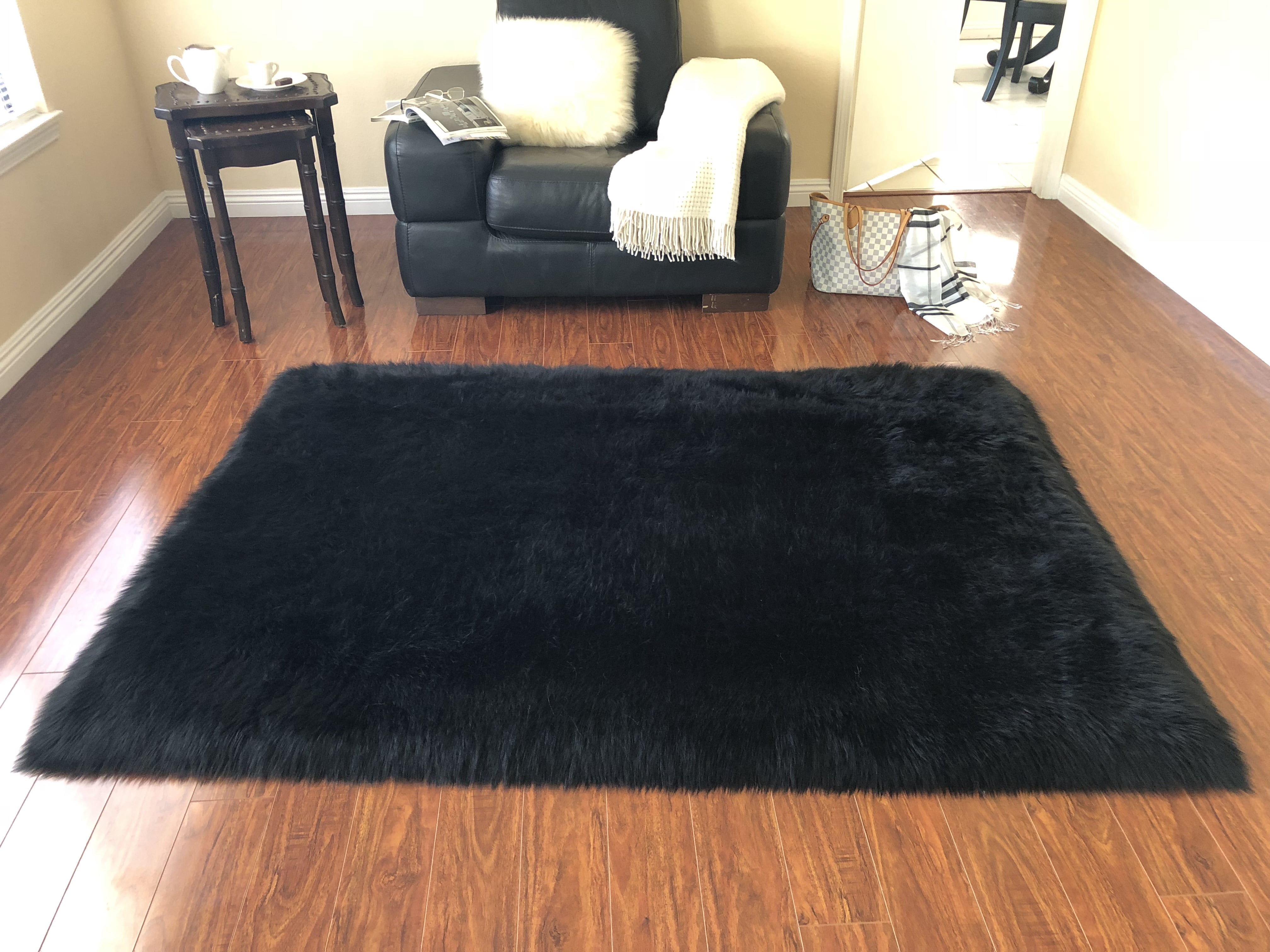 Soho Luxurious Faux Sheepskin Square Shape Black Shag Area Rug ...