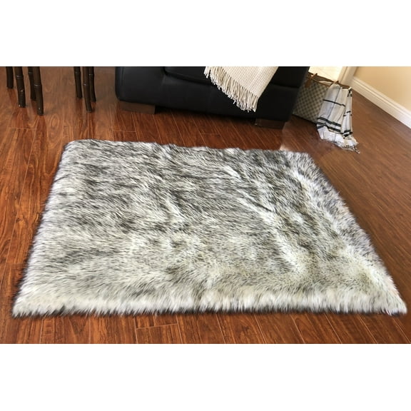 Soho Luxurious Faux Sheepskin Square Shape White with Black Tips Shag Area Rug