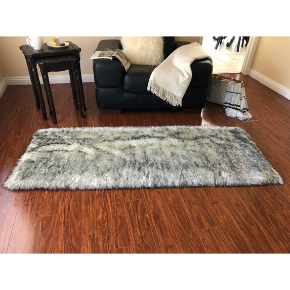 Soho Luxurious Faux Sheepskin White with Black Tips Shag Area Rug or Runner