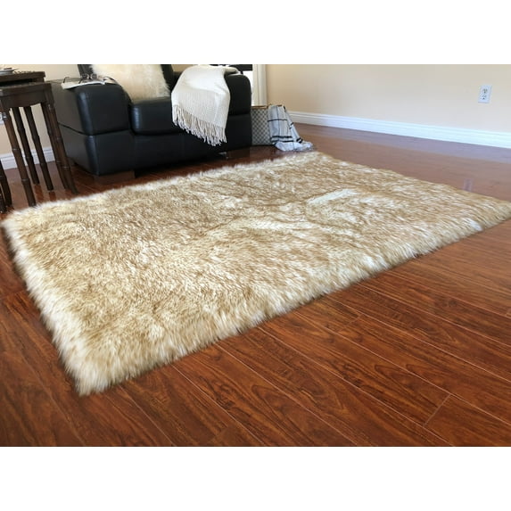 Soho Luxurious Faux Sheepskin White with Brown Tips Shag Area Rug or Runner