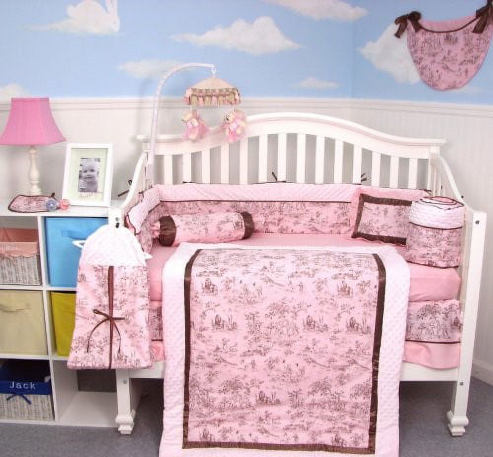Soho Pink & Brown French Toile Baby Crib Nursery Bedding Set 13 pcs included Diaper Bag with Changing Pad & Bottle Case - image 1 of 5