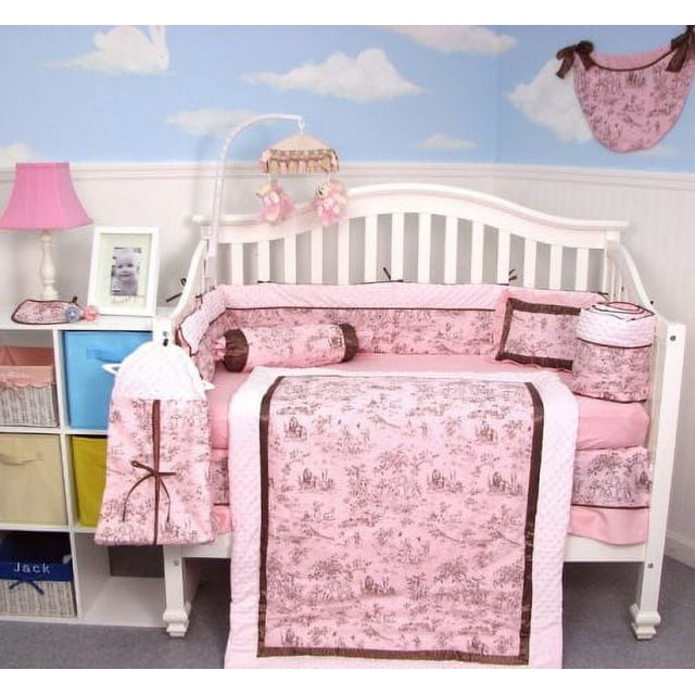 Soho Pink & Brown French Toile Baby Crib Nursery Bedding Set 13 pcs included Diaper Bag with Changing Pad & Bottle Case