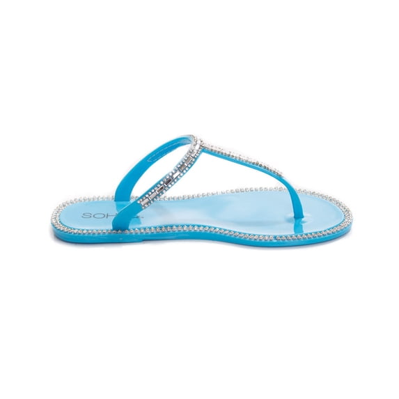 Soho Shoes Ladies Jelly Slip On T-Strap Flat Sandals with Gemstones