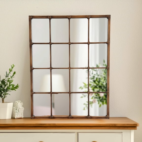 Soho Studded Window Pane Mirror, Antique Gold Finish, 5 MM Glass, Iron Grid Frame, 36 x 28 Inches