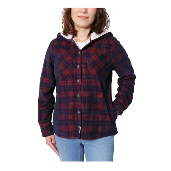 Soho Threads Women's Hooded Sherpa Shirt Jacket, Red Plaid, Small