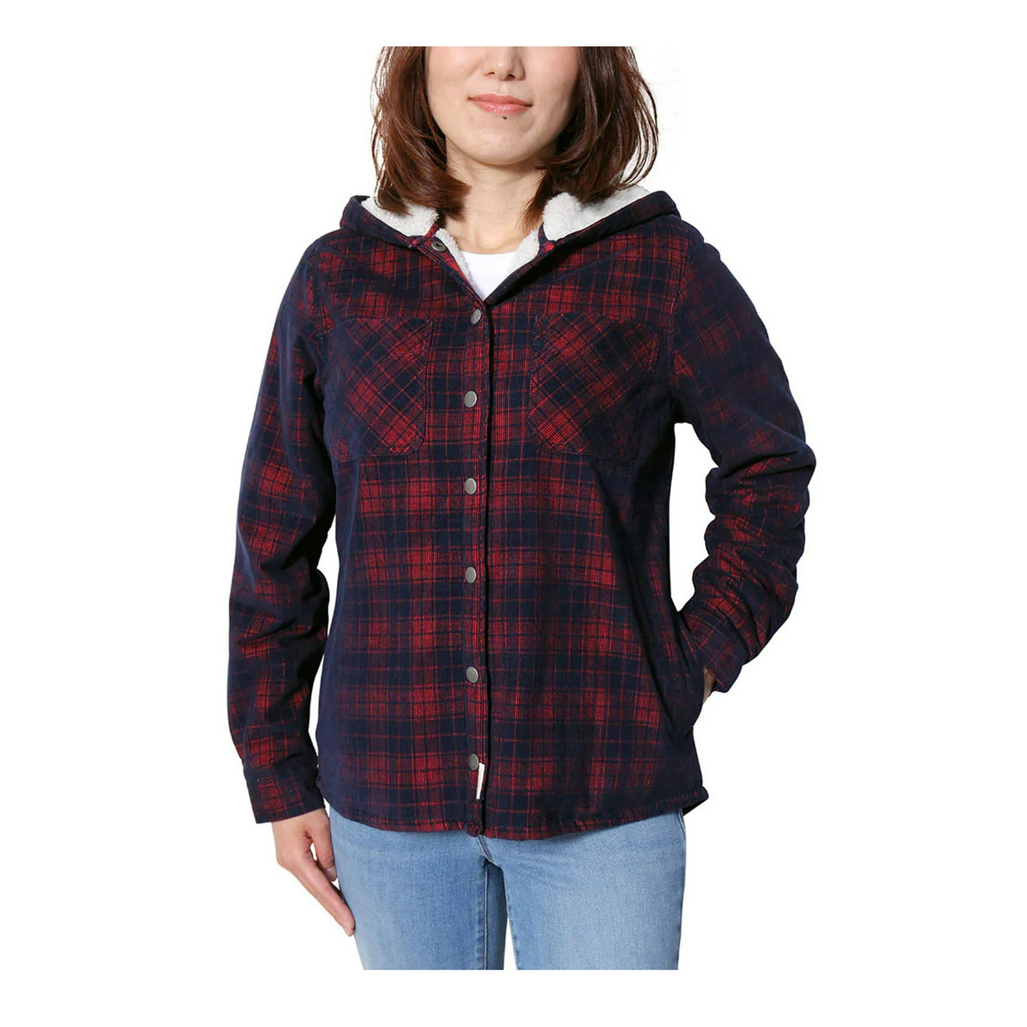 Soho Threads Womens Hooded Sherpa Shirt Jacket Blue Red Plaid XXL -  Walmart.com