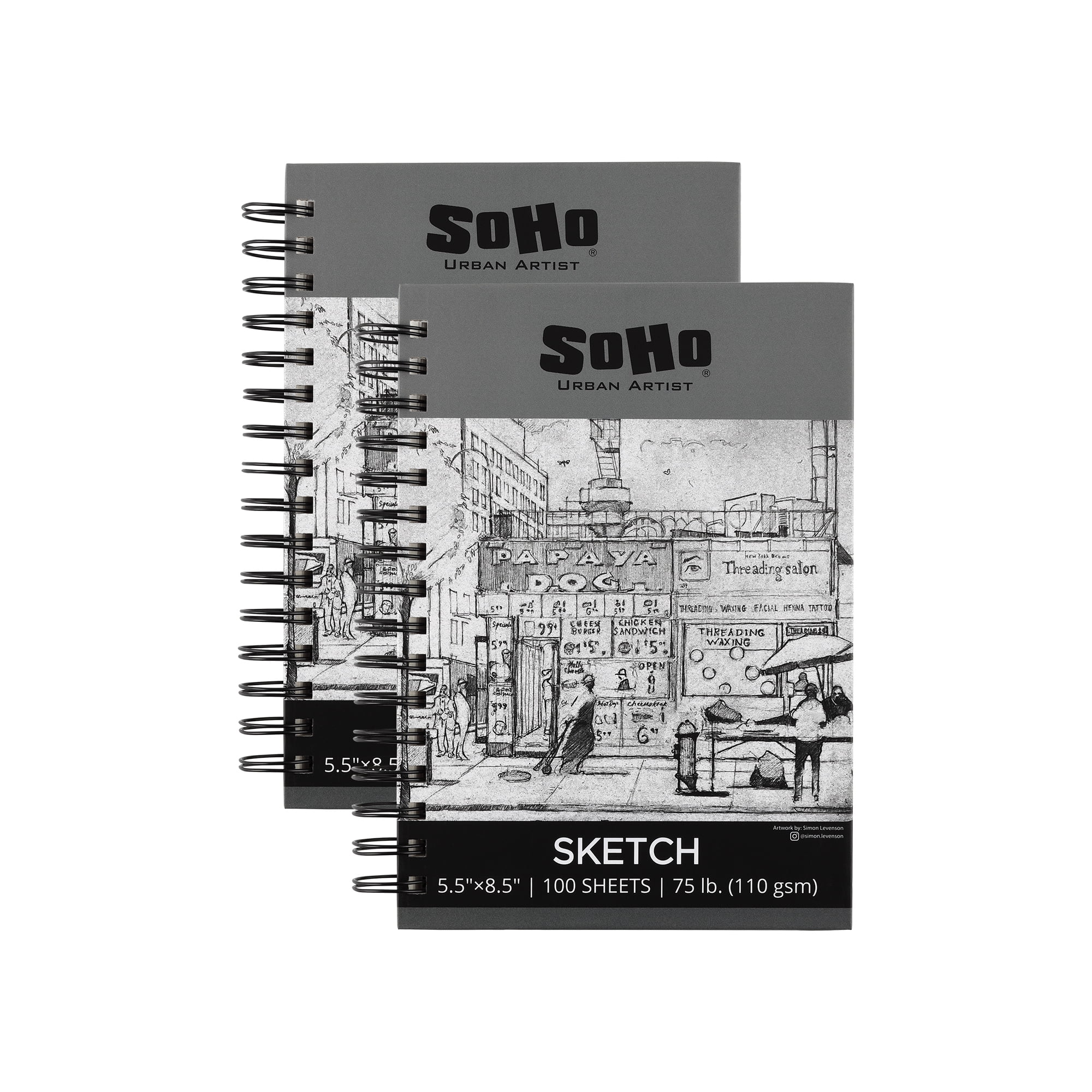 Soho Urban Artist 2 Pack 5.5x8.5" Sketchpad, 100 Sheets of Spiral Bound Sketch Book Paper (75lb/110gsm) for Artist Pro & Amateurs, Colored Pencil, Charcoal and Graphite for Sketching