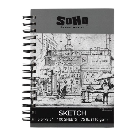 Soho Urban Artist Sketchpad (75lb/110gsm), 100 Sheets of Spiral Bound Sketch Book for Artist Pro & Amateurs, Colored Pencil, Charcoal and Graphite for Sketching, 5.5x8.5"