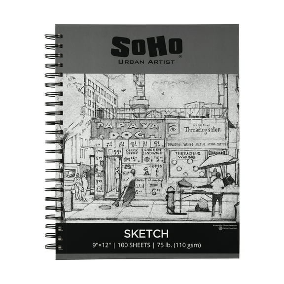 Soho Urban Artist Sketchpad (75lb/110gsm), 100 Sheets of Spiral Bound Sketch Book for Artist Pro & Amateurs, Colored Pencil, Charcoal and Graphite for Sketching, 9x12"