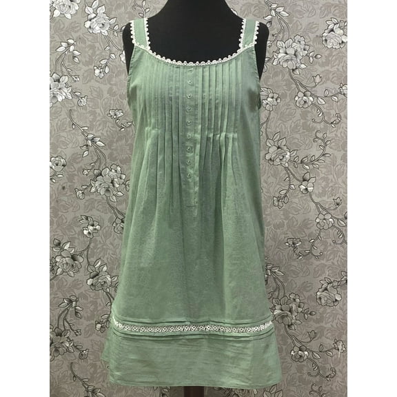 SoieRose 100% Cotton Victorian Nightgown – Sage Green Sleeveless Vintage Style Nightdress - SR1202