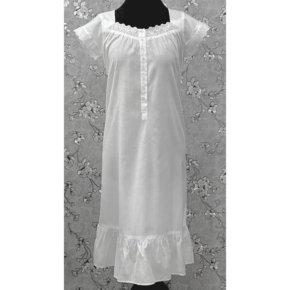 SoieRose 100% Cotton Victorian Nightgown – White Eyelet Lace Cap Sleeve Nightdress – SR-1209