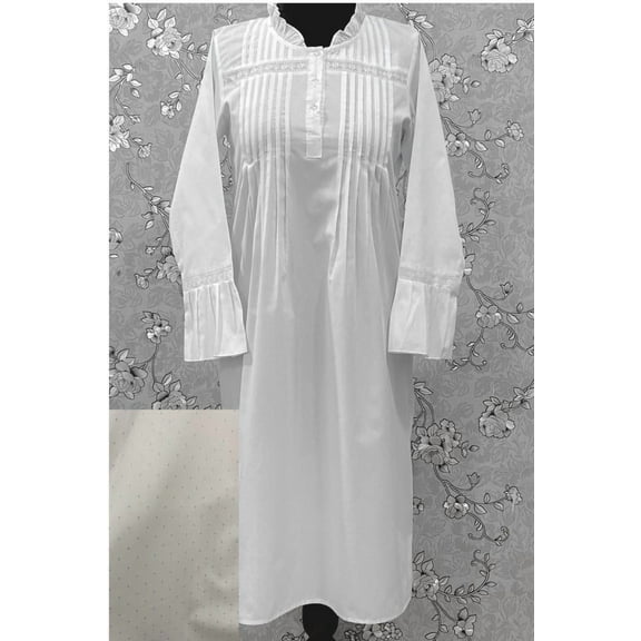SoieRose 100% Cotton Victorian Nightgown – White Pintuck Lace Yoke with Subtle Blue Dots - SR-1204