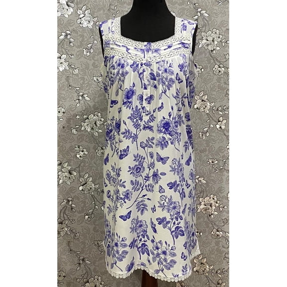SoieRose Blue Floral 100% Cotton Nightgown Sleeveless Lace Trim Vintage Sleepwear - SR1242