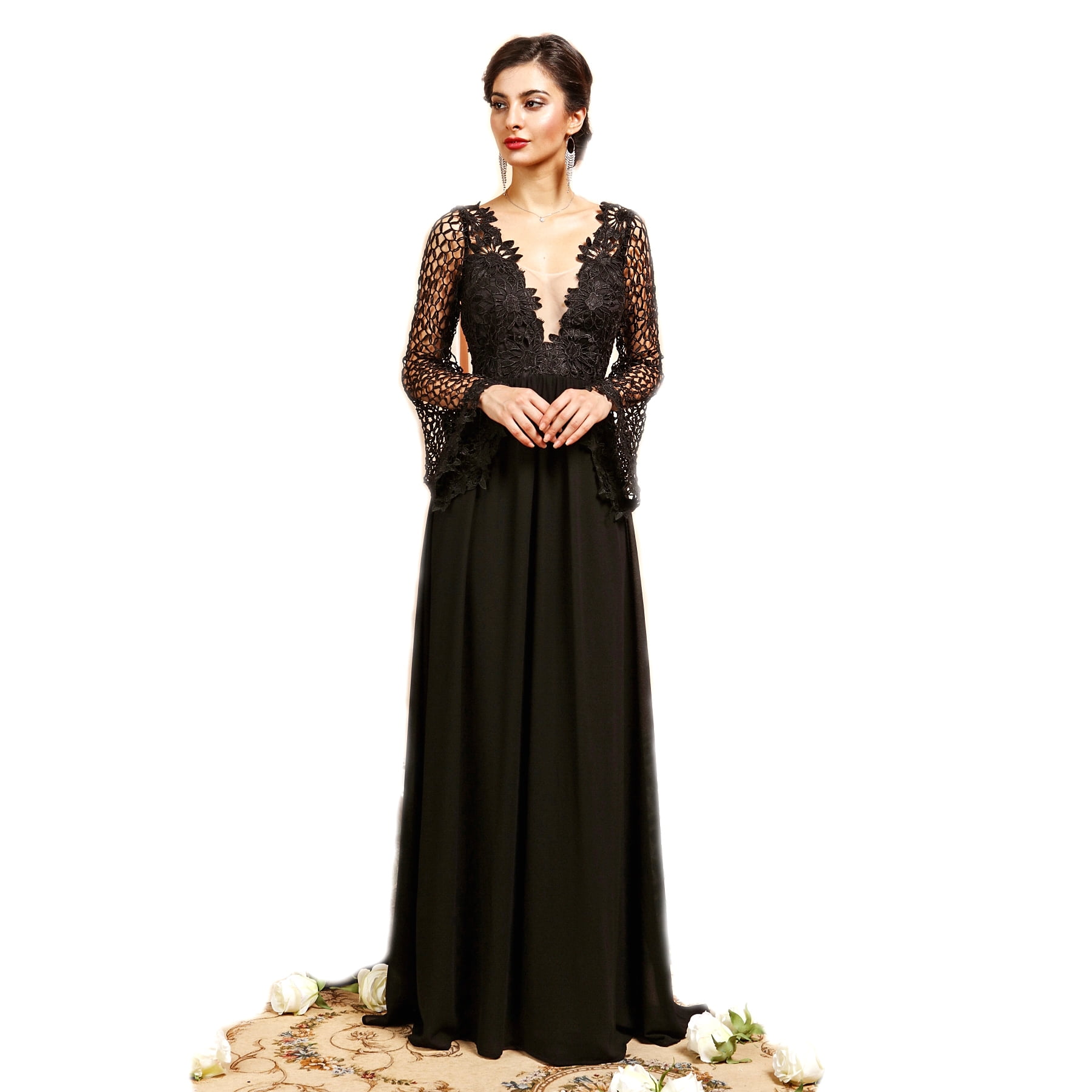 Soieblu Black Floral V-Neck Angel Sleeve Embroider Lace Detail Maxi Dress,  Large - Walmart.com