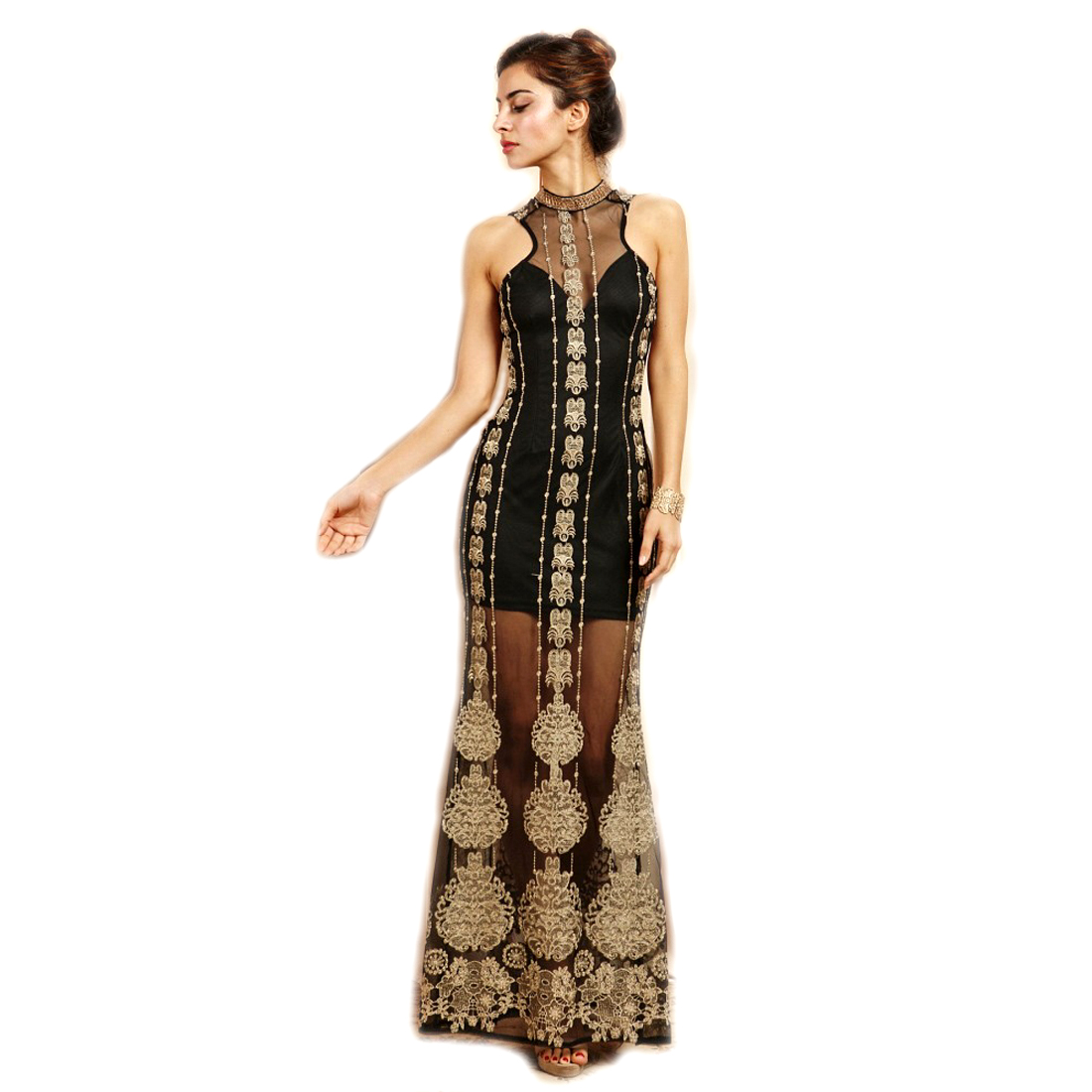 Soieblu, Black and Gold Sleveless Statuesque Formal High Neck Choker Maxi Dress, Large - image 1 of 3