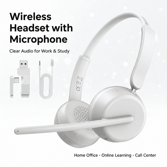 Soifcik Wireless Headset with AI Noise-Canceling Mic, Bluetooth 5.4 & USB Dongle Over-Ear Headphones with Mute Button for Work, Laptop, PC & Phone, White