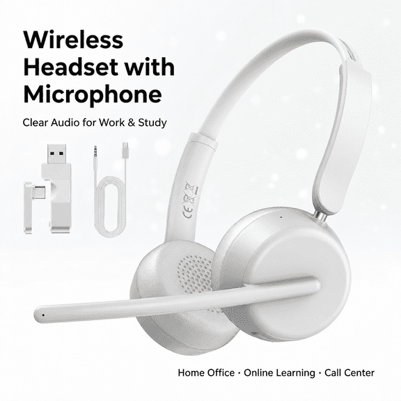Soifcik Wireless Headset with AI Noise-Canceling Mic, Bluetooth 5.4 & USB Dongle Over-Ear Headphones with Mute Button for Work, Laptop, PC & Phone, White