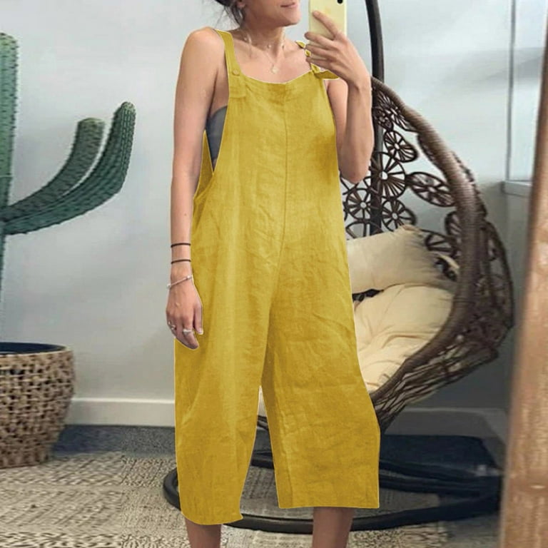 Soighxzc Jumpsuits for Women Casual Sleeveless Summer High Waist Loose Solid Color Pocket Wide Leg Pant Romper Jumpsuit Yellow XXL