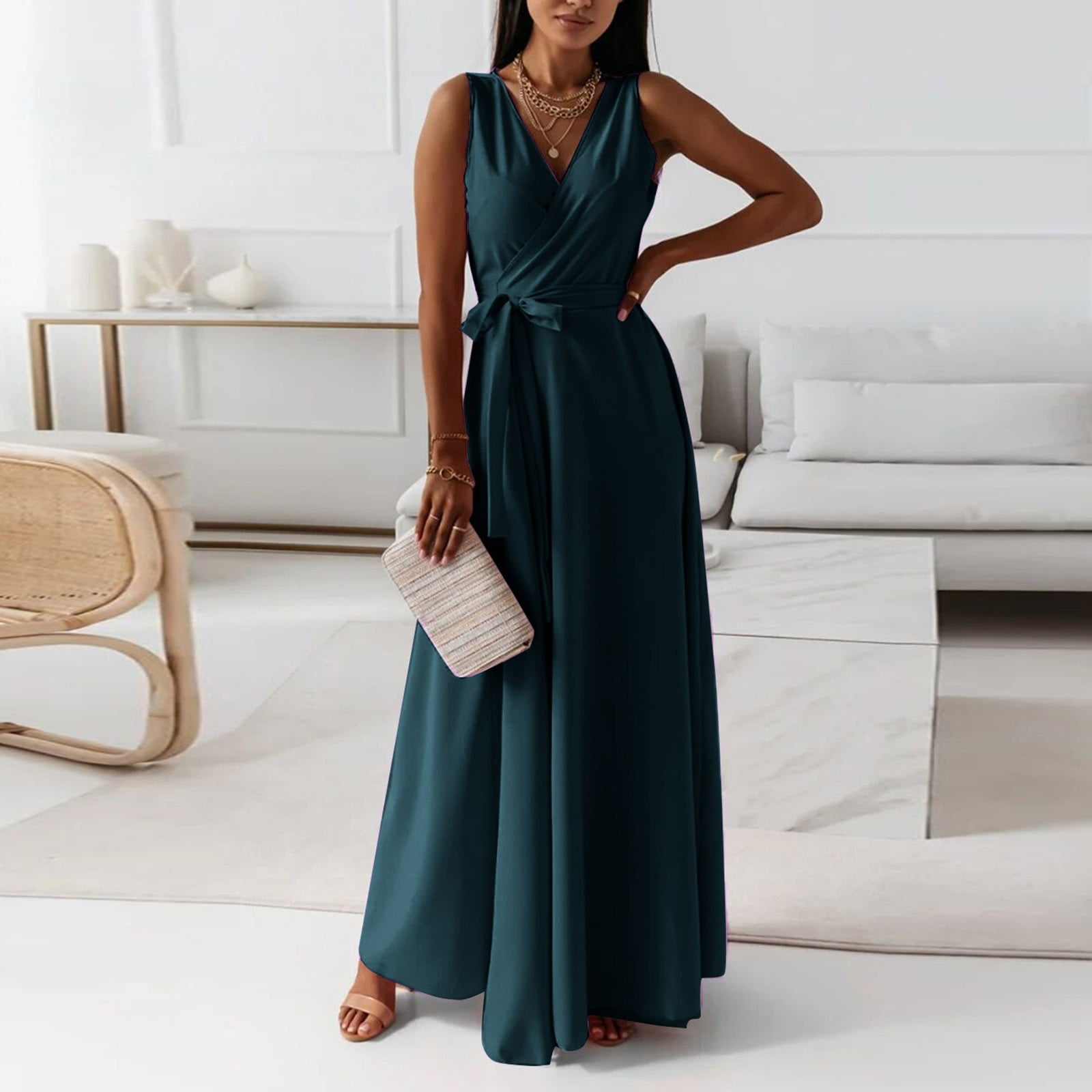 Soighxzc Wedding Guest Dresses for Women Sleeveless Summer Dresses Pleated Maxi  Dress Solid Color Prom Evening Party Wrap V Neck Long Dress Green XXL 