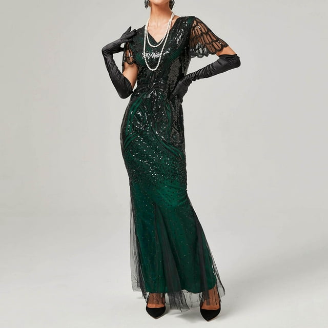 Soighxzc Womens Dresses 2024 Elegant Vintage Lace Deep V Neck Sequin ...