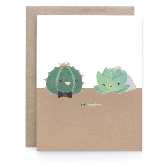 Soil Mates Greeting Card Cute Cactus and Succulent Design Perfect for Weddings, Anniversaries, Engagements Blank Inside with Envelope Included