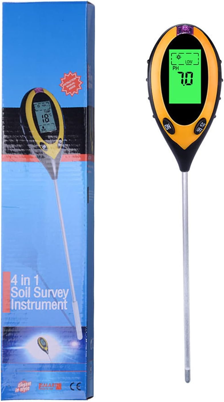 Soil Moisture Meter 4-in-1 Soil Tester with Light, Humidity, PH, Temperature for Garden, Lawn, Farm - Metal Probe, LED Display - Indoor & Outdoor