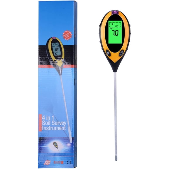 Soil Moisture Meter 4-in-1 Soil Tester with Light, Humidity, PH, Temperature for Garden, Lawn, Farm - Metal Probe, LED Display - Indoor & Outdoor