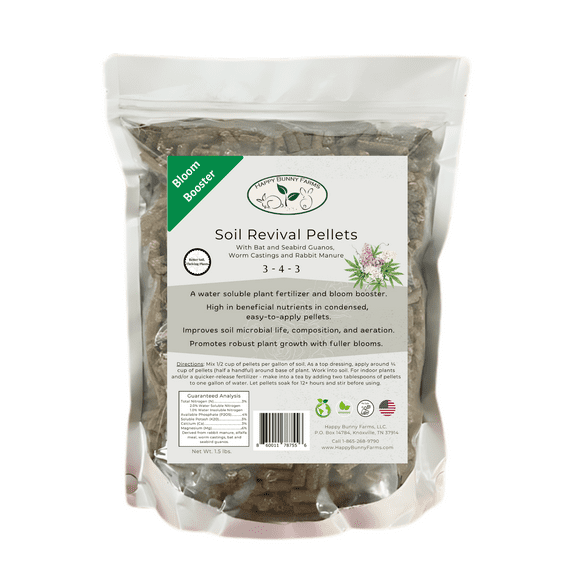 Soil Revival, Bloom Booster and Soil Conditioner Pellets, Organic. 3-4-3 NPK. Bat and Seabird Guanos with Rabbit Manure, Worm Castings and Alfalfa Meal, 1.5lb bag